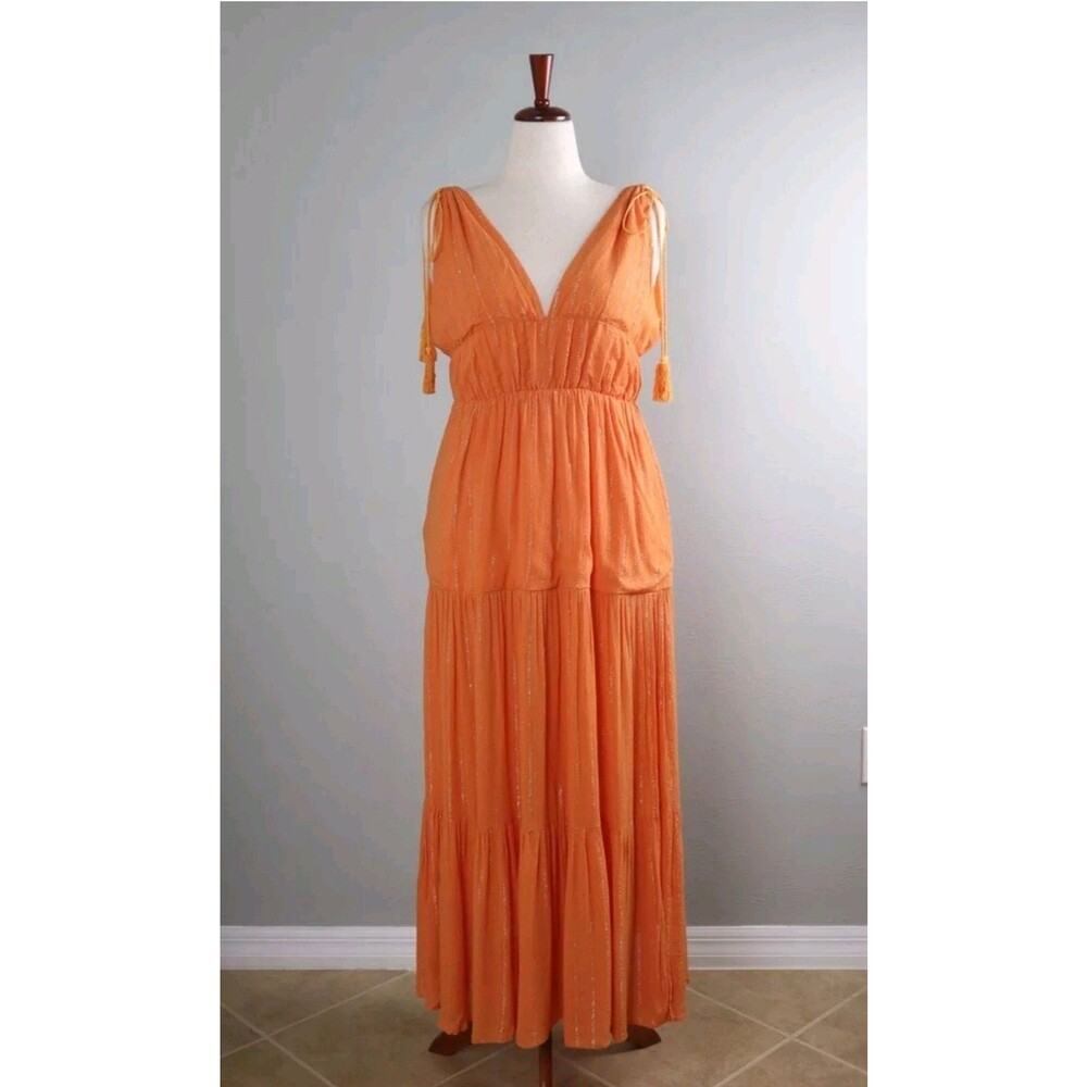 CAARA Dress Women's Large Orange Metallic Striped Tassel Max tier  Feminine $189